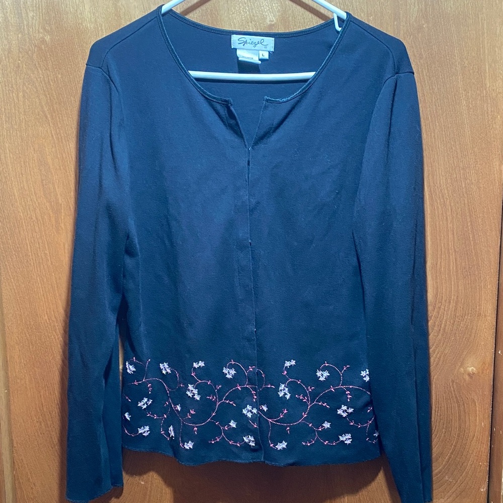 Spiegel Black w/ Embroidered Floral Crewneck Lg Cardigan Spring Fall